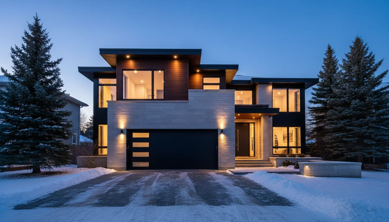 Modern Canadian home with professional garage door at dusk